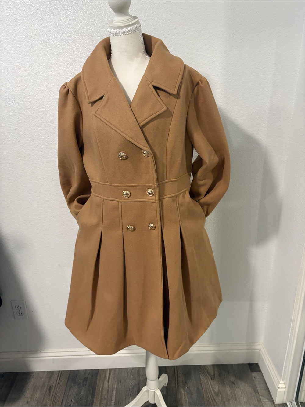 Source Unknown Camel Double-Breasted Pea Coat with Gold Buttons